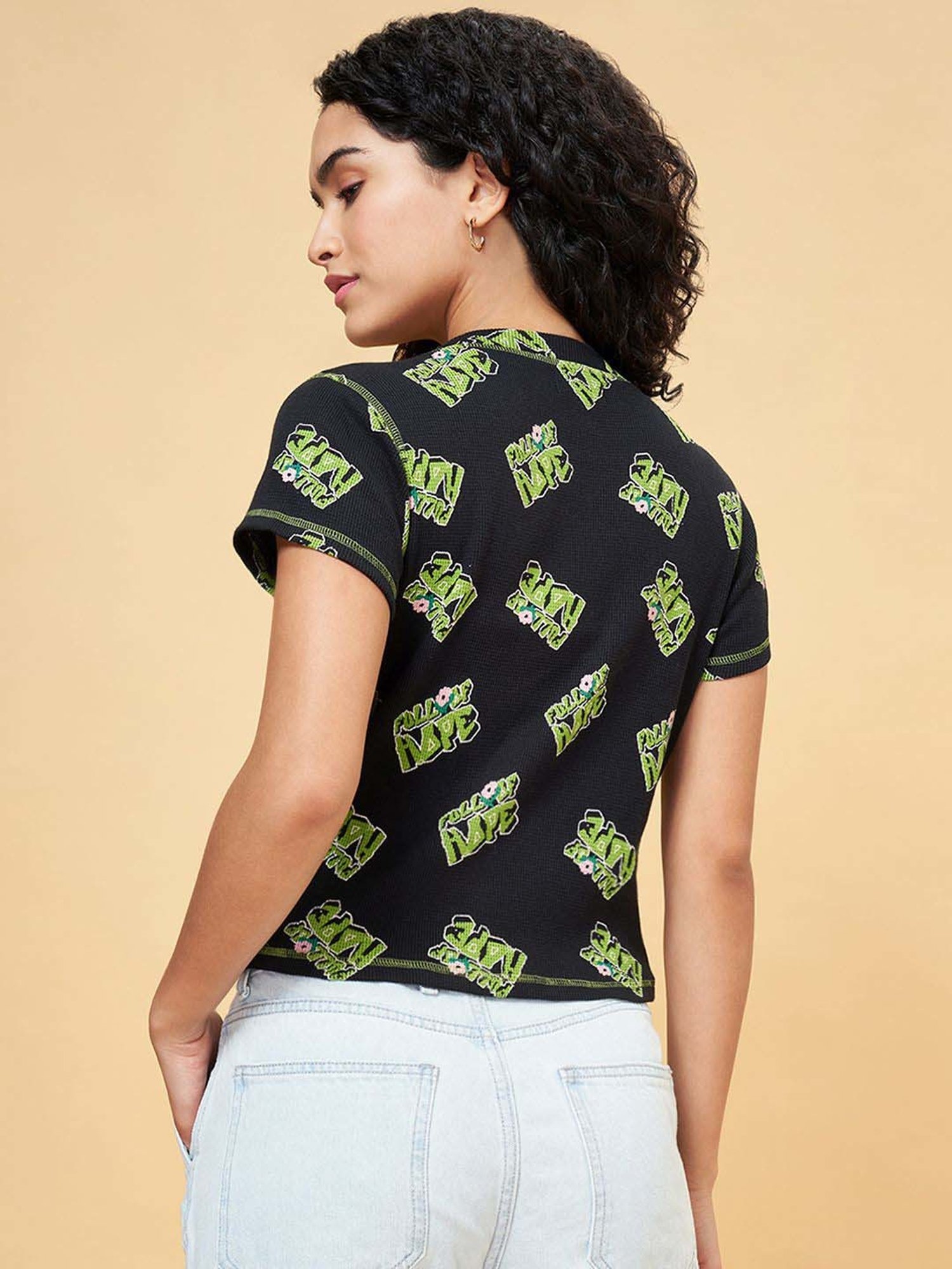 People by Pantaloons Jet Black Printed T-Shirt