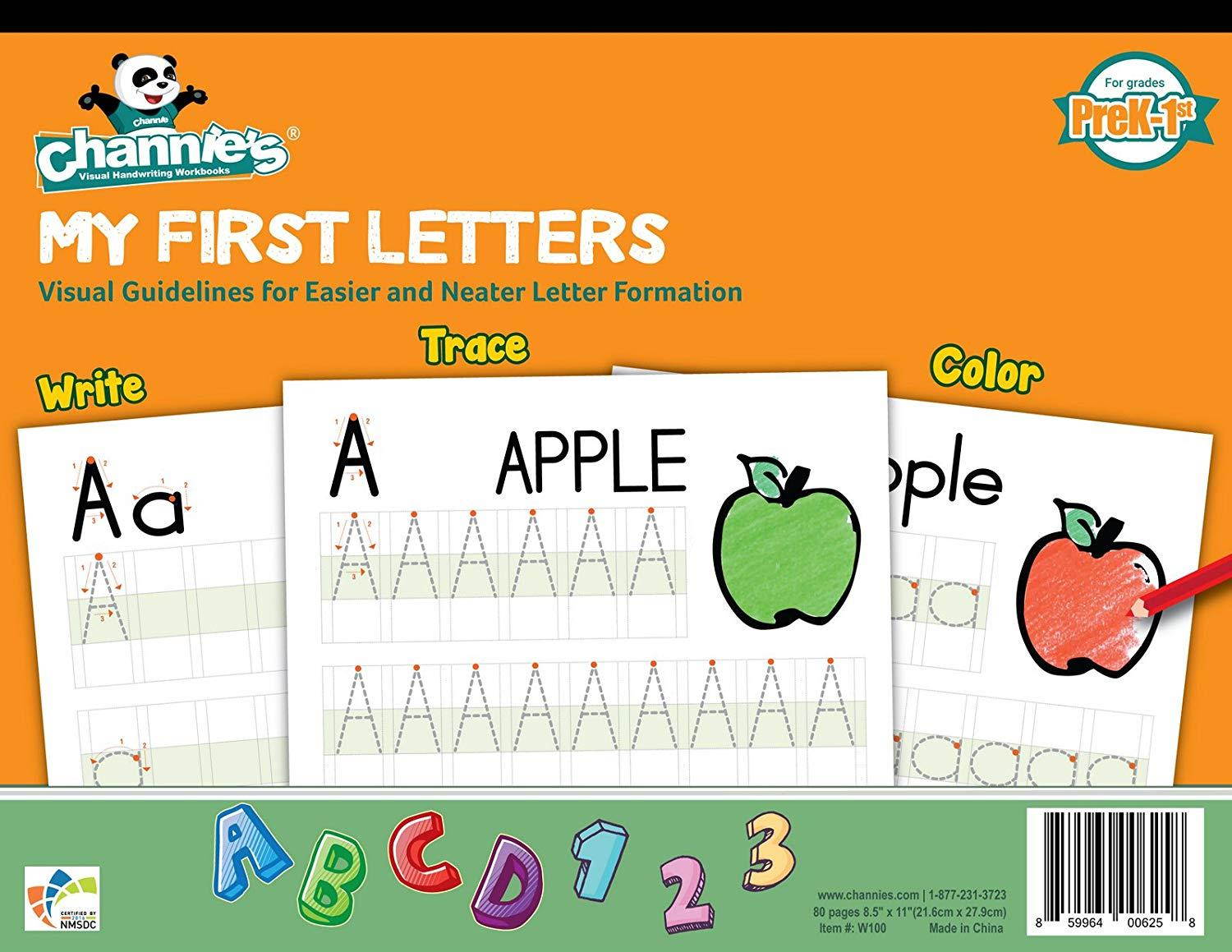 Channie&rsquo;s My First Letters, Easy to Trace, Write, Color, and Learn Alphabet Practice Handwriting & Printing Workbook, 80 Pages Front & Back, 40 Sheets, Grades PreK - 1st, Size 8.5  x 11