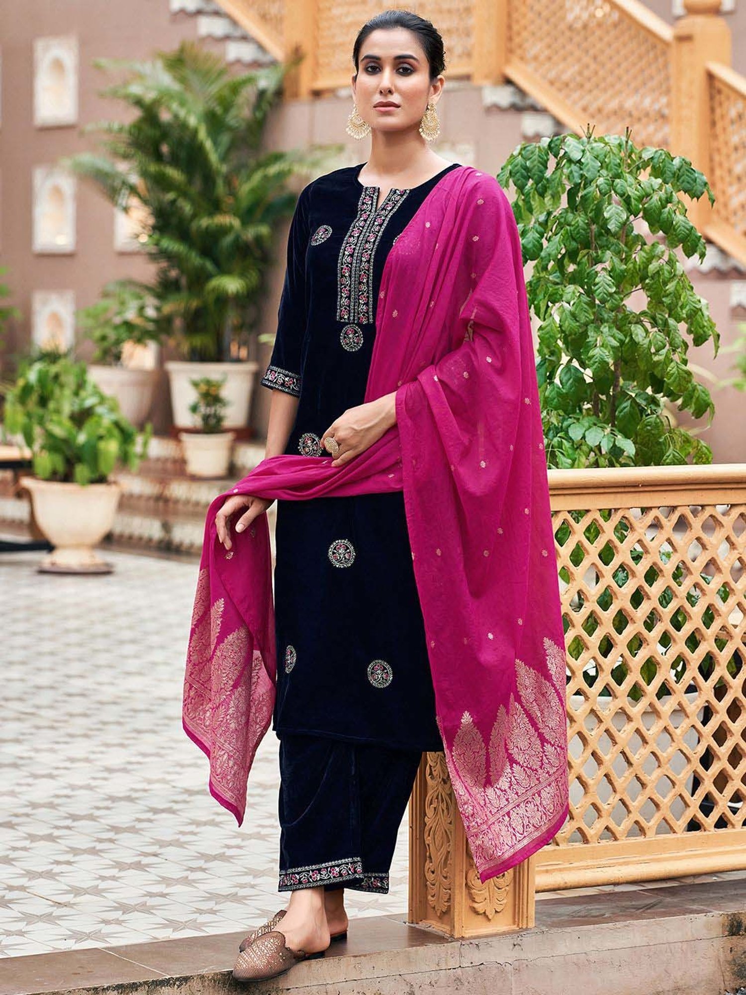 Skylee Navy Embroidered Kurta Pant Set With Dupatta