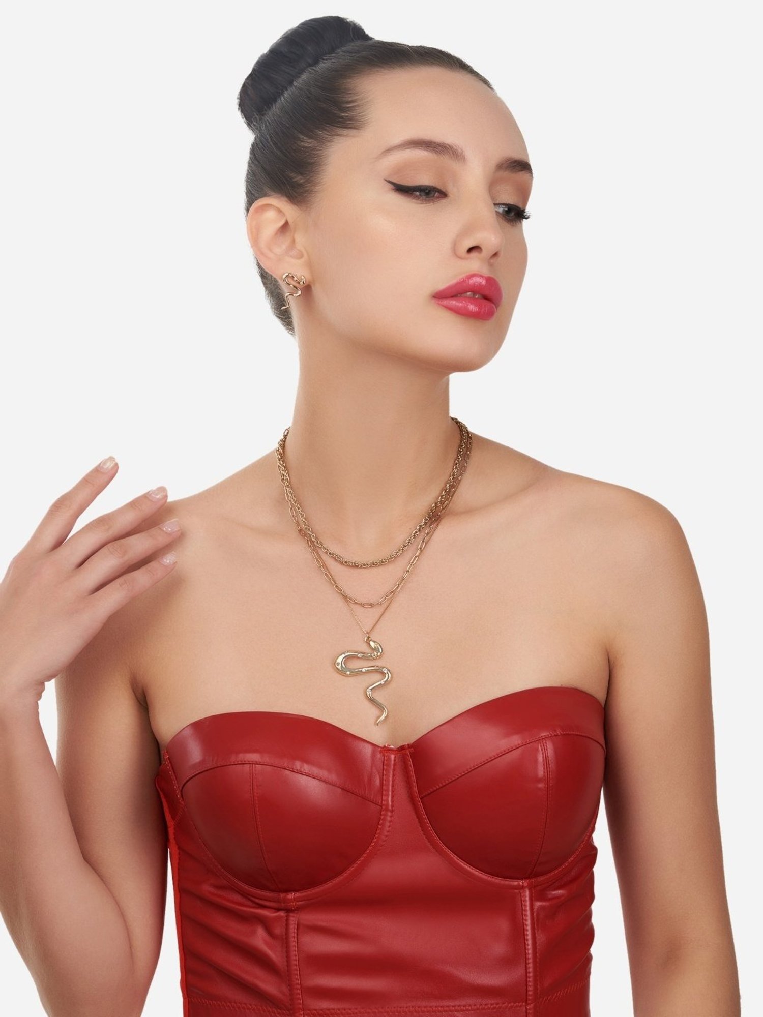 Zaveri Pearls Gold Tone 3 Layers Contemporary Snake Design Chain & Necklace & Earring Set