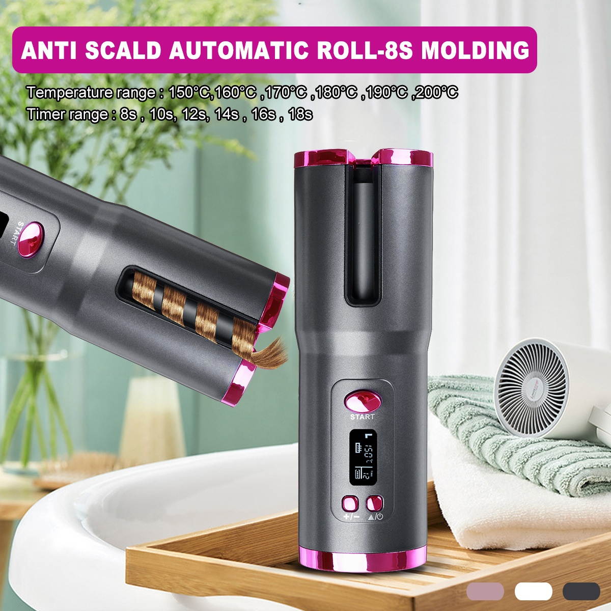 Wireless Automatic Hair Curler Cordless LCD Display Portable USB Charging Auto Rotating Hair Curler-White