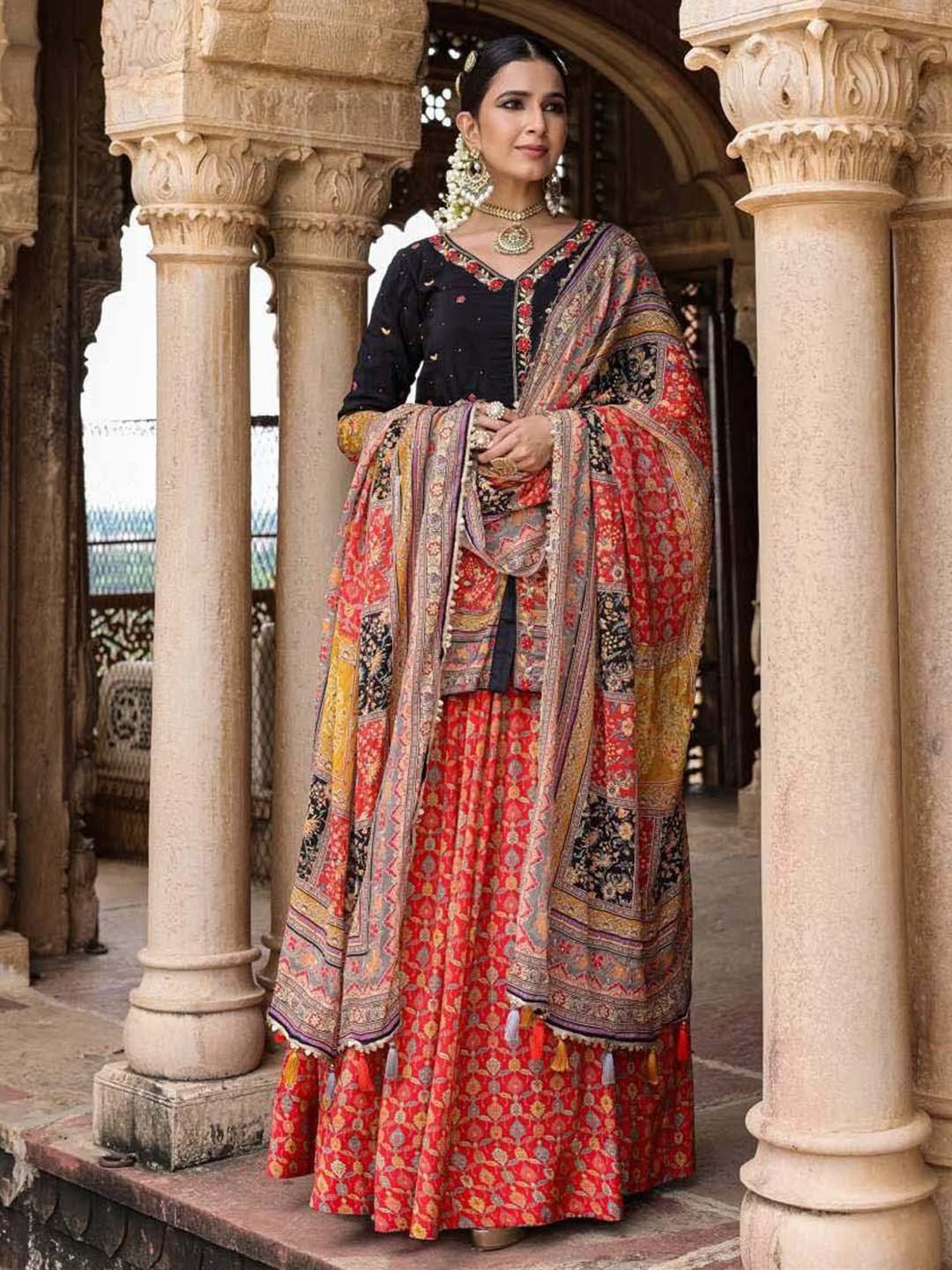 SCAKHI Black & Orange Printed Lehenga Choli Set With Dupatta