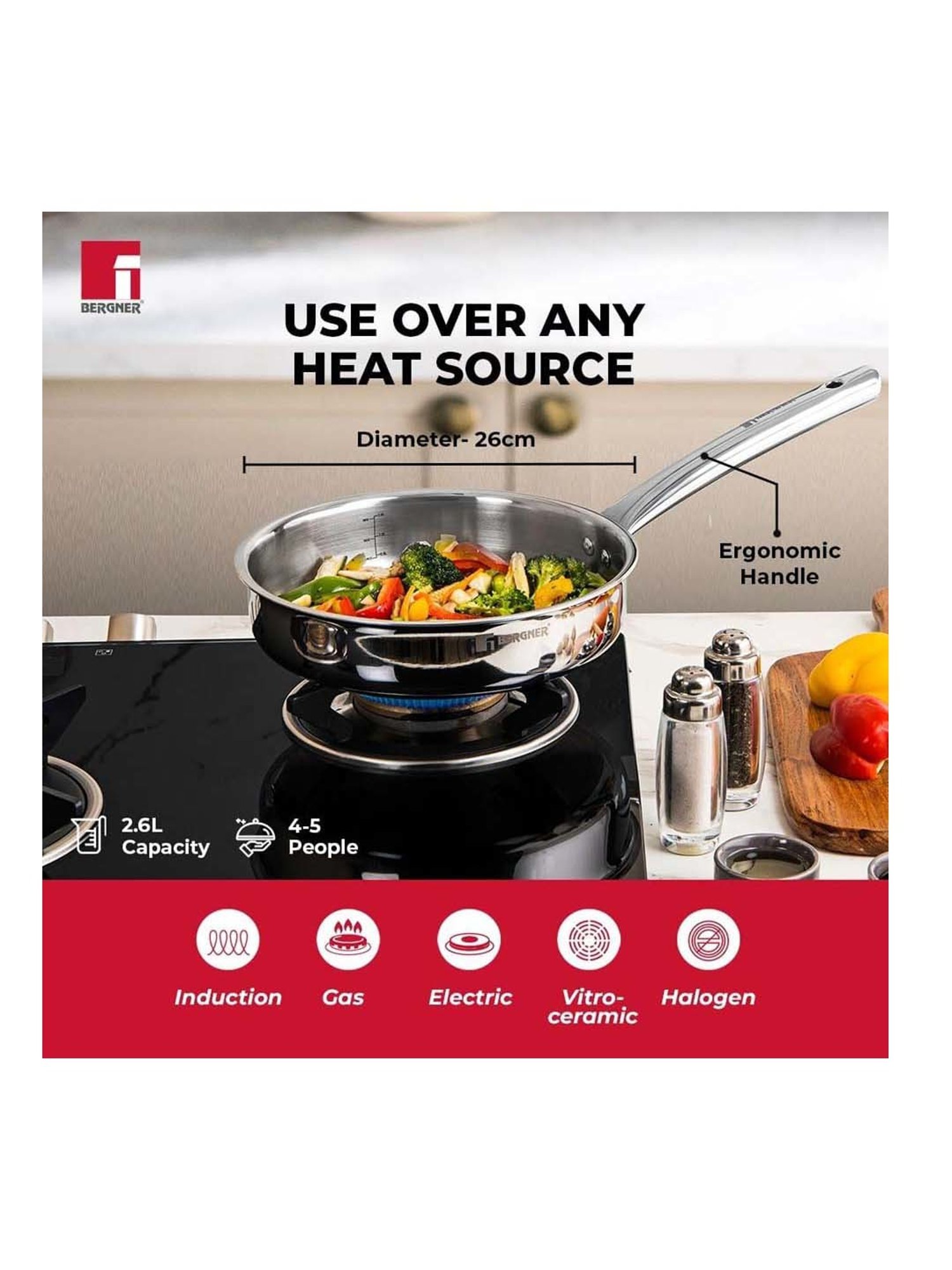 Bergner Tripro Silver Stainless Steel 26 cm Induction Friendly Triply Sautepan With Lid (2.6 L)