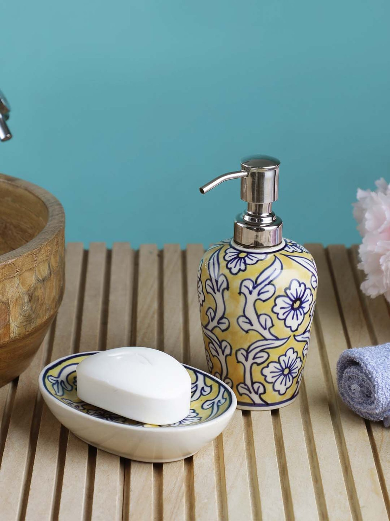 VarEesha Manohar Yellow & Navy Blue Ceramic Bath Accessories - Set of 2