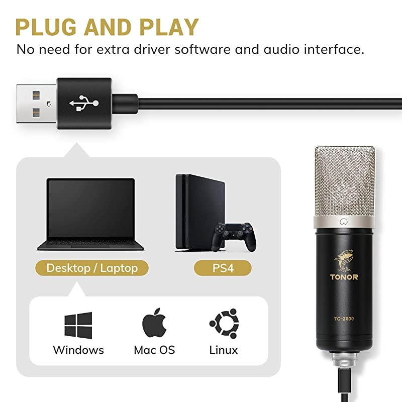 Condenser Microphone 192kHz/24Bit,  USB Cardioid Computer Mic Kit with Upgraded Boom Arm/Spider Shock Mount for Recording, Streaming, Gaming, Podcasting, Voice Over, YouTube, TC-2030