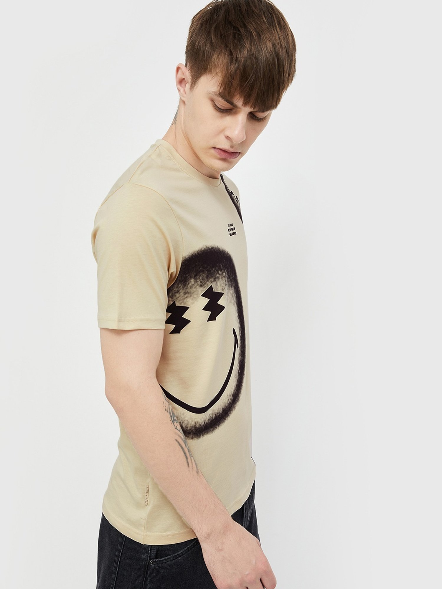 Smileyworld Beige Cotton Regular Fit Printed T-Shirt