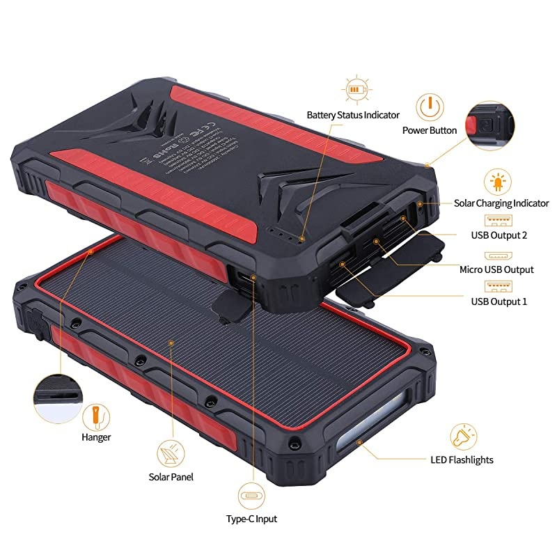 Solar Power Bank  20000mAh Portable Solar Charger with Dual USB 3A Output PortLED Light and External Battery Pack Solar Phone Charger Fast Charging for Smartphone and More