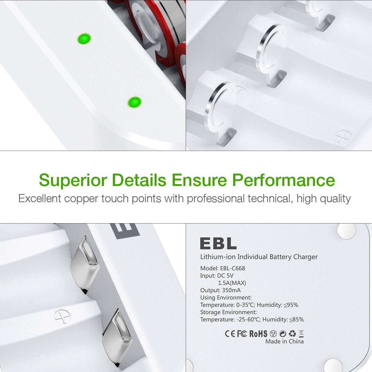 EBL  12PCS RCR123A 16340 Li-ion Battery + Smart 4 Slots Battery Charger for 16340 RCR123A Rechargeable Batteries
