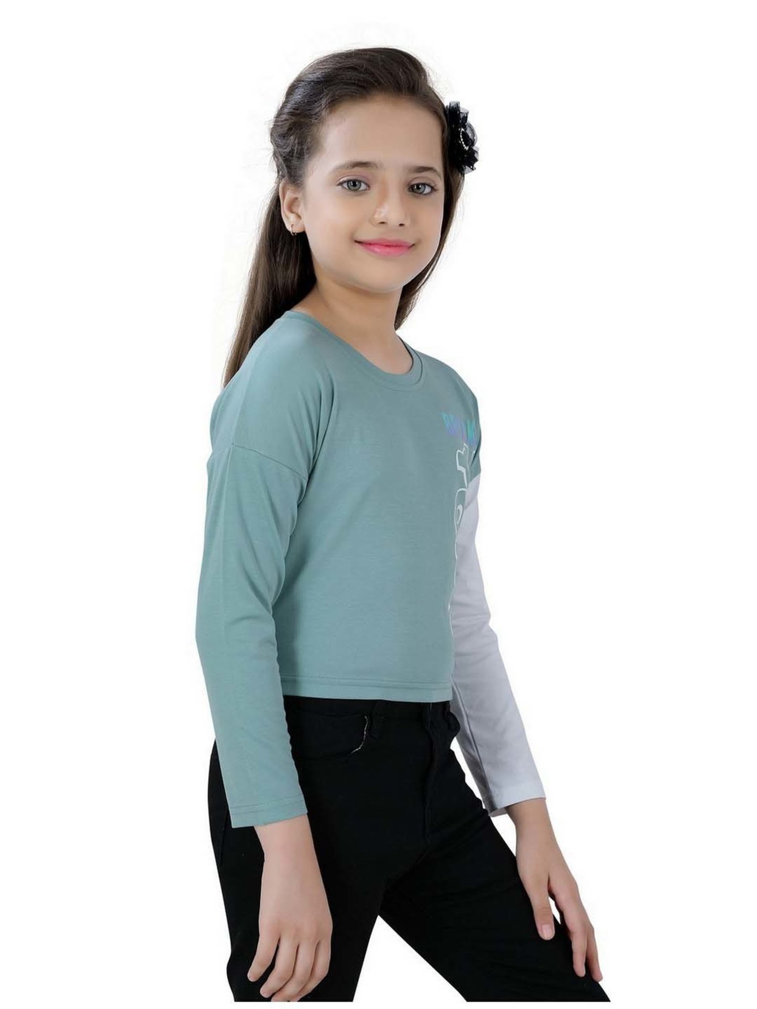 poplins Kids Green & White Cotton Printed Full Sleeves Top