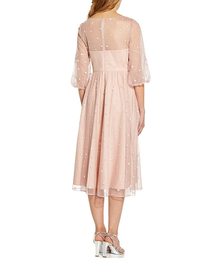 Adrianna Papell V-Neck 3/4 Sleeve Metallic Dot Faux Wrap Midi Dress