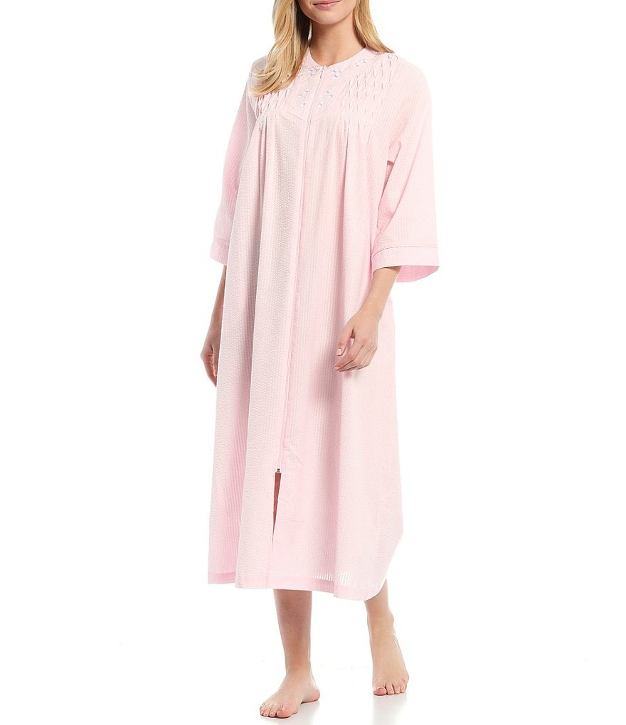 Miss Elaine Seersucker Striped Long Zip-Front Robe