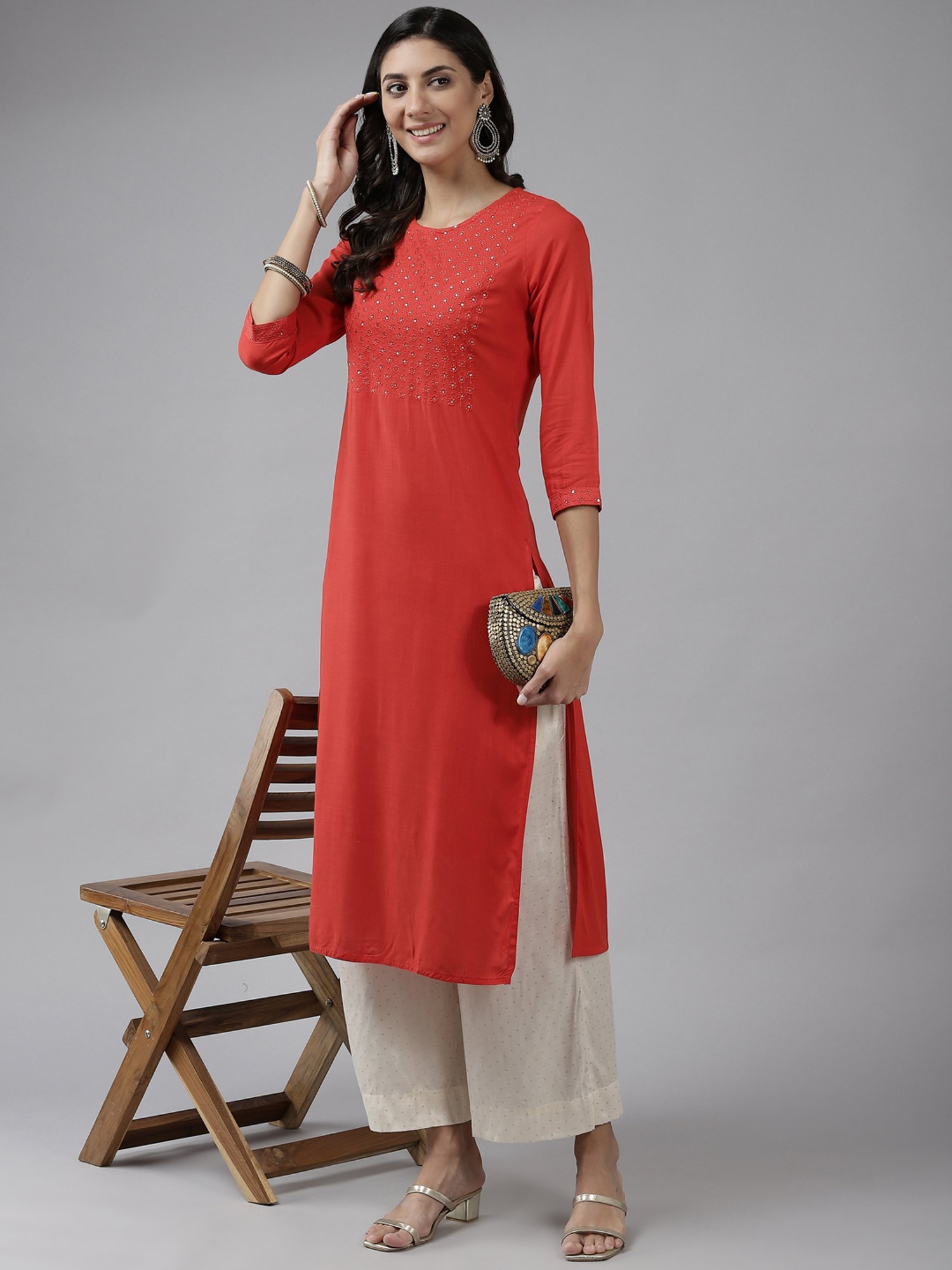 Prakrti Coral Embroidered Straight Kurta