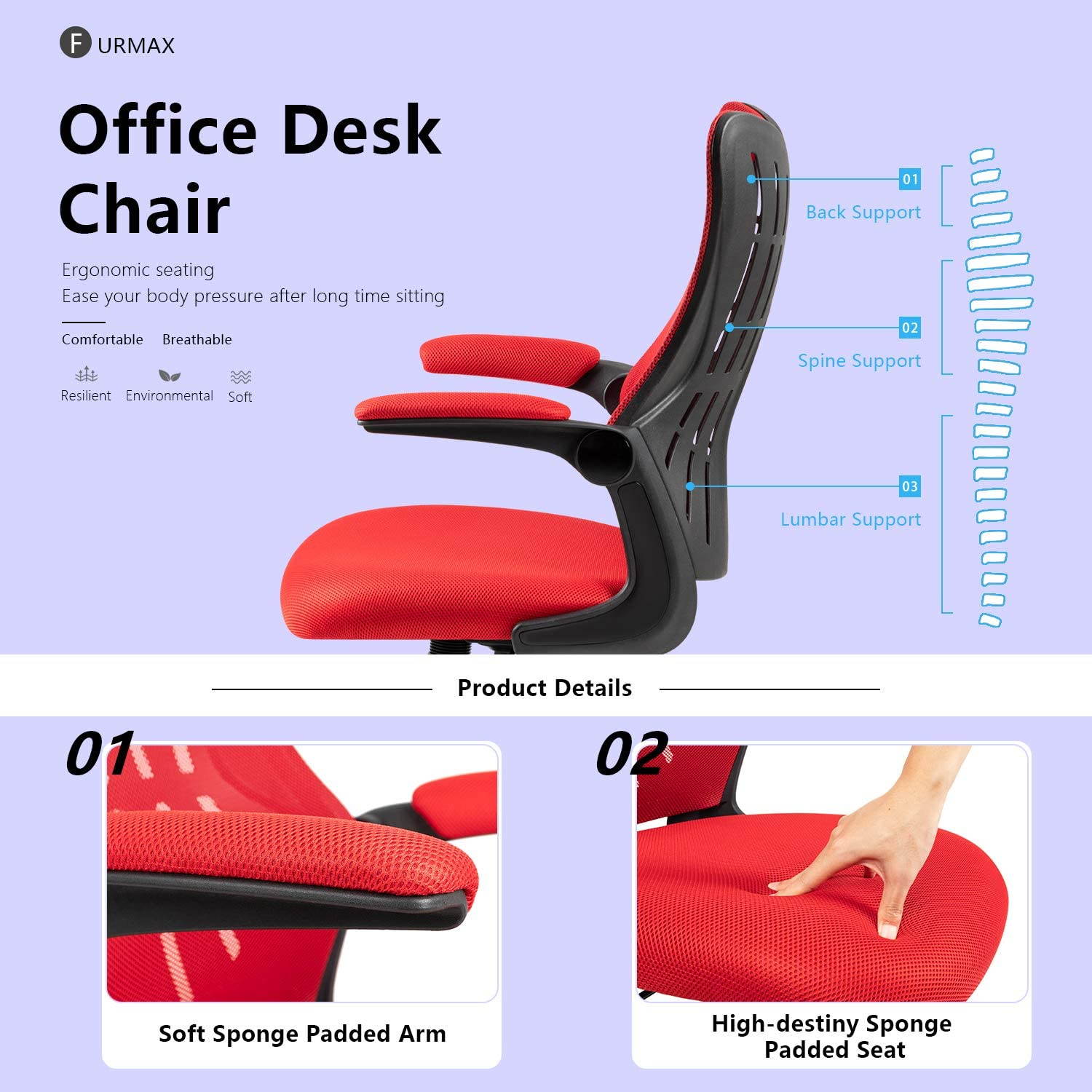 Furmax Office Desk Chair with Flip Up Arms, Mesh Mid Back Computer Chair Swivel Task Chair with Ergonomic Lumbar Support (White)