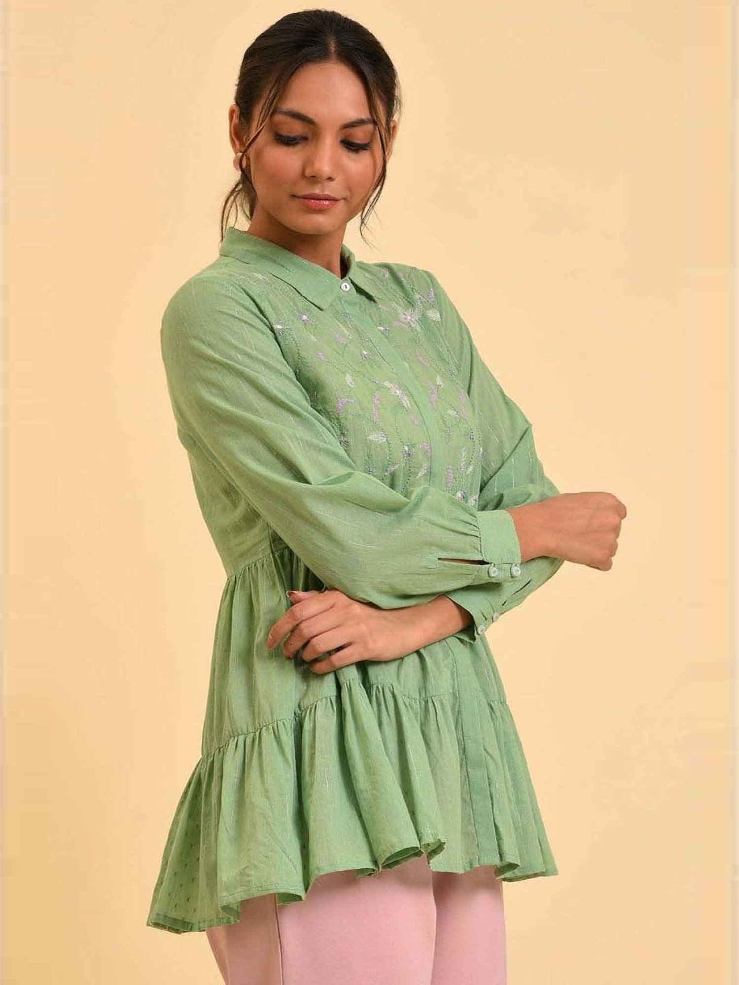 W Green Cotton Embroidered Top