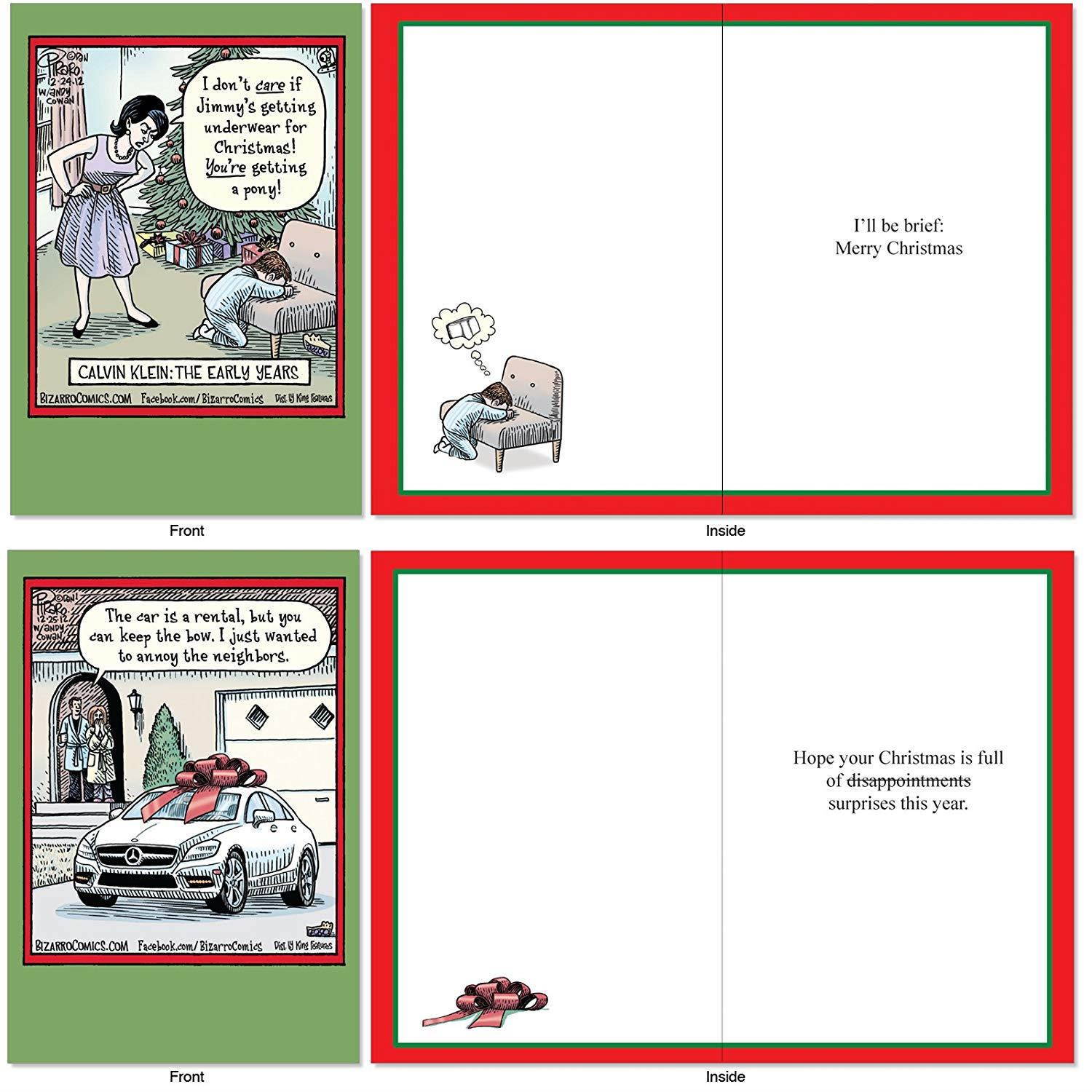10 Hilarious 'Bizarro by Piraro' Merry Christmas Cards (4-5/8" x 6-3/4") - Assorted & Boxed Cartoon Holiday Cards with Envelopes - Funny Bulk Xmas Greeting Card Stationery for Family, Friends #A1256