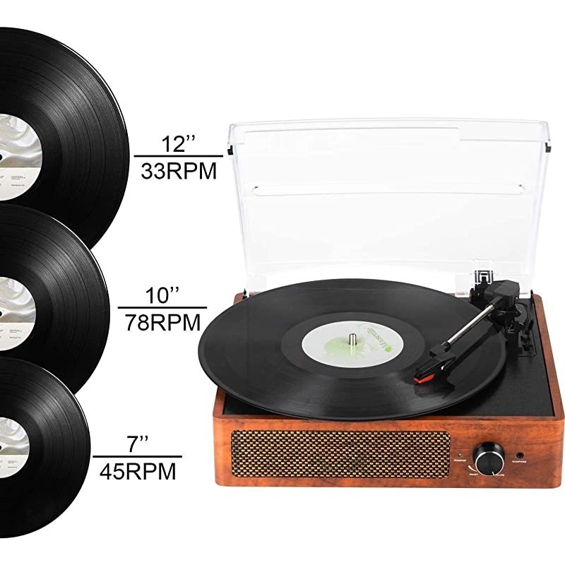 Record Player Belt-Driven 3-Speed Turntable, Vintage Vinyl Record Players Built-in Stereo Speakers, with Headphone Jack/ Aux Input/ RCA Line Out, Wooden (Brown)