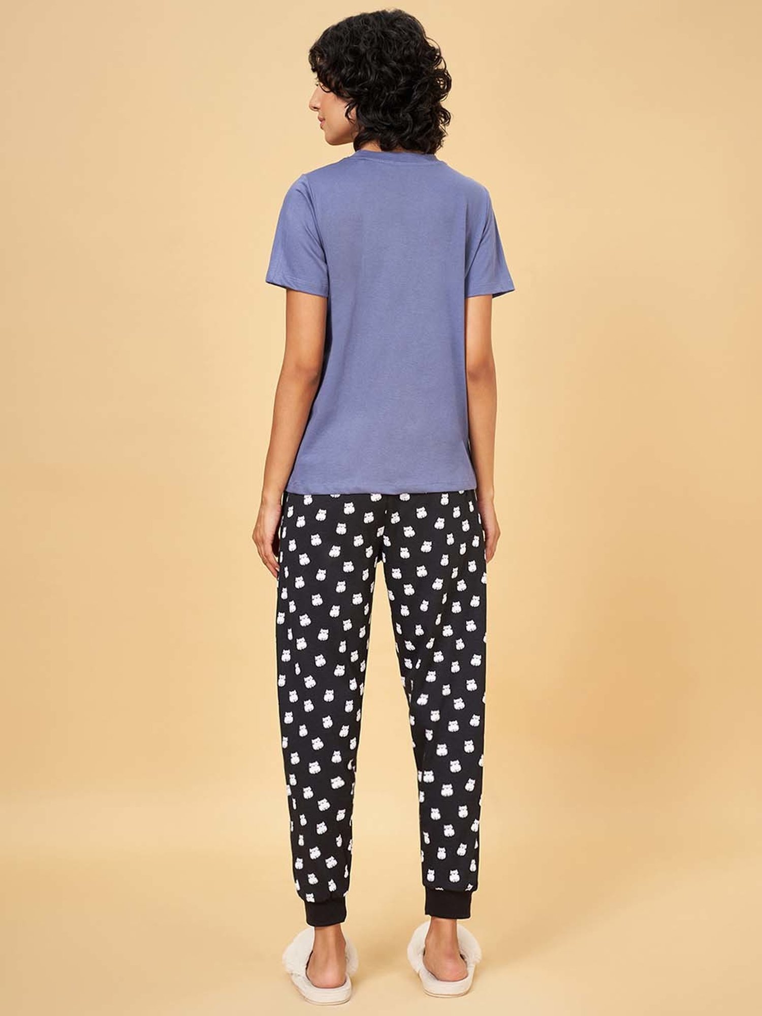 YU by Pantaloons Blue & Black Cotton Printed T-Shirt Pyjamas Set