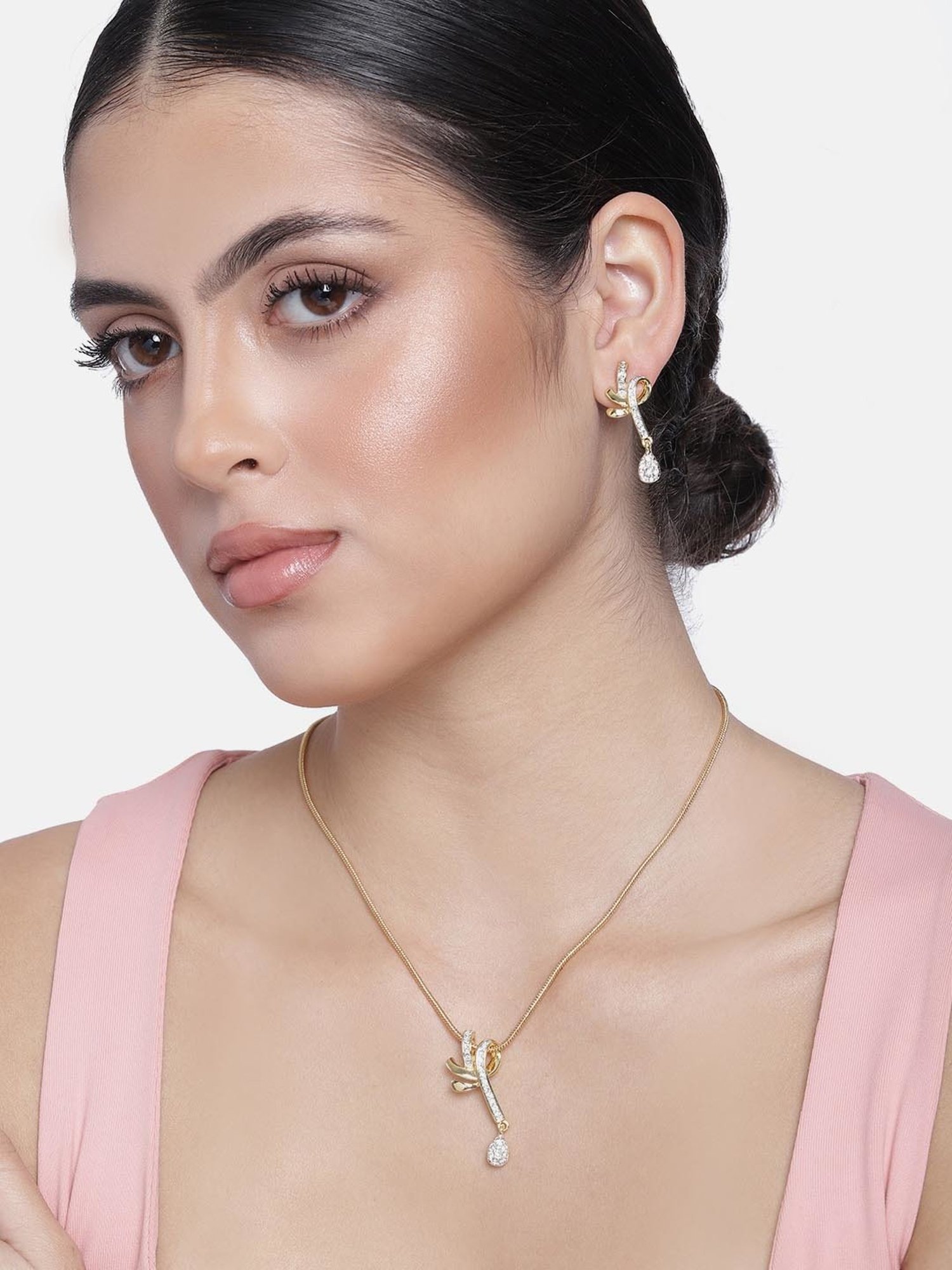 Estele Gold & Rhodium-Plated Ribbon Designed Pendant Set with Crystals for Women