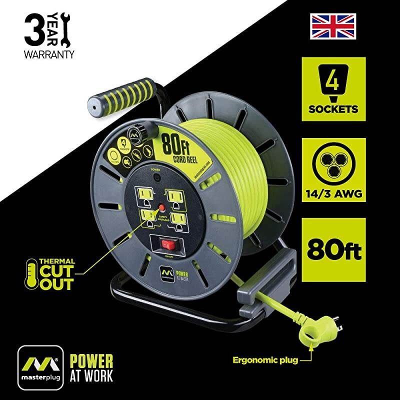 80ft Open Cord Reel with 4 120V 13 amp Integrated Outlets and Thermal Overload Breaker