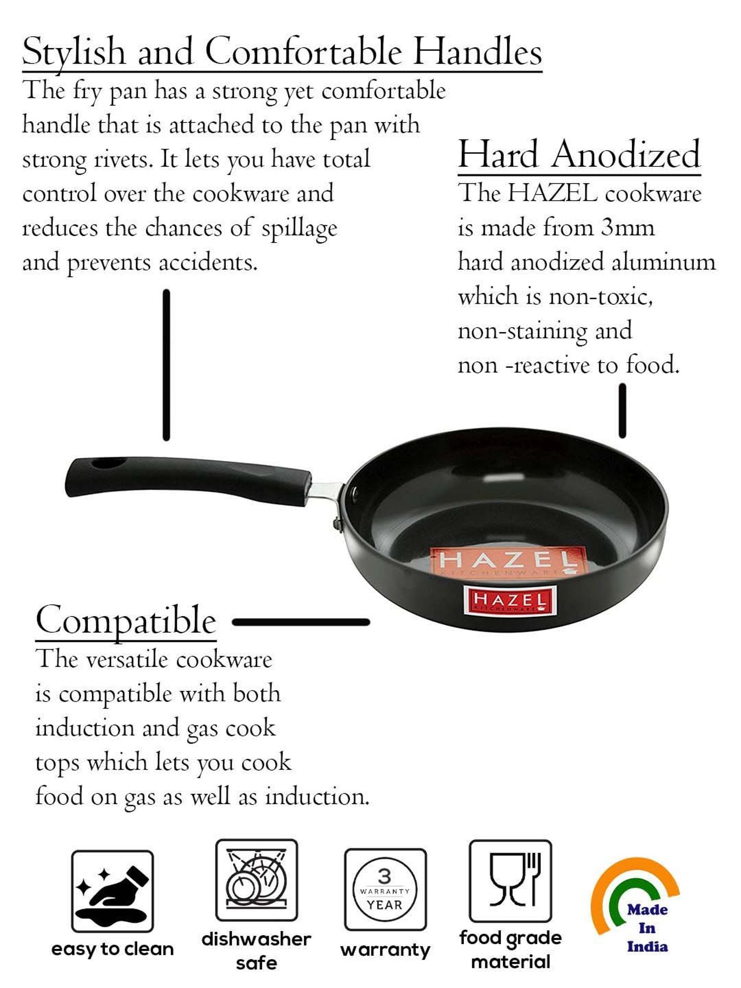 HAZEL Black Aluminium Frying Pan (1800 ml) - Set of 1
