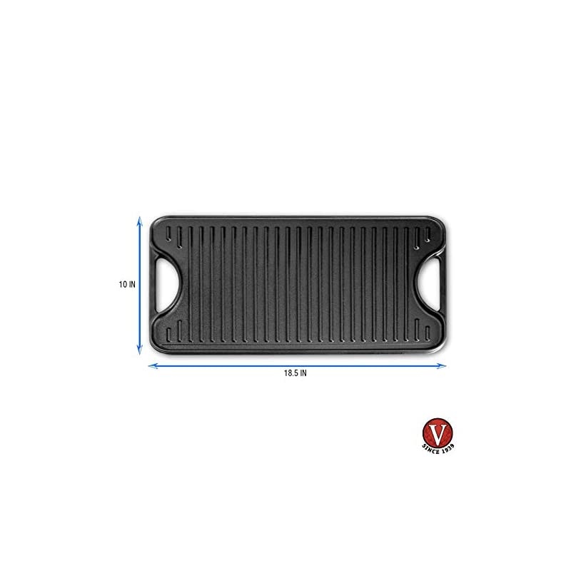 Rectangular Cast Iron Double Burner, Reversible Griddle Grill Seasoned with 100% Kosher Certified Non-GMO Flaxseed Oil, 18.5 x 10 Inch, Black