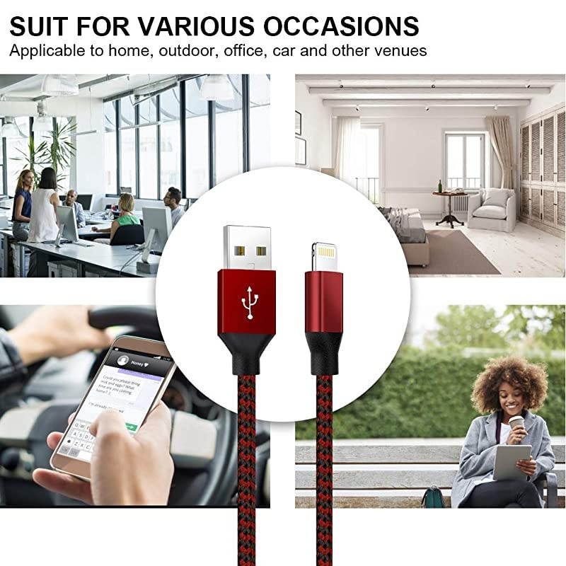 ChargerYEFOOT MFi Certified Lightning Cable336610FTUSB Syncing Data Nylon Braided with Metal Connector Compatible 11ProMaxXXSXRXS Max8Plus77 Plus MoreBlackRed