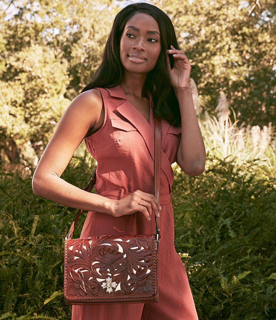 Patricia Nash Cut Out Tooling Collection Mabilia Floral Leather Flap Crossbody Bag