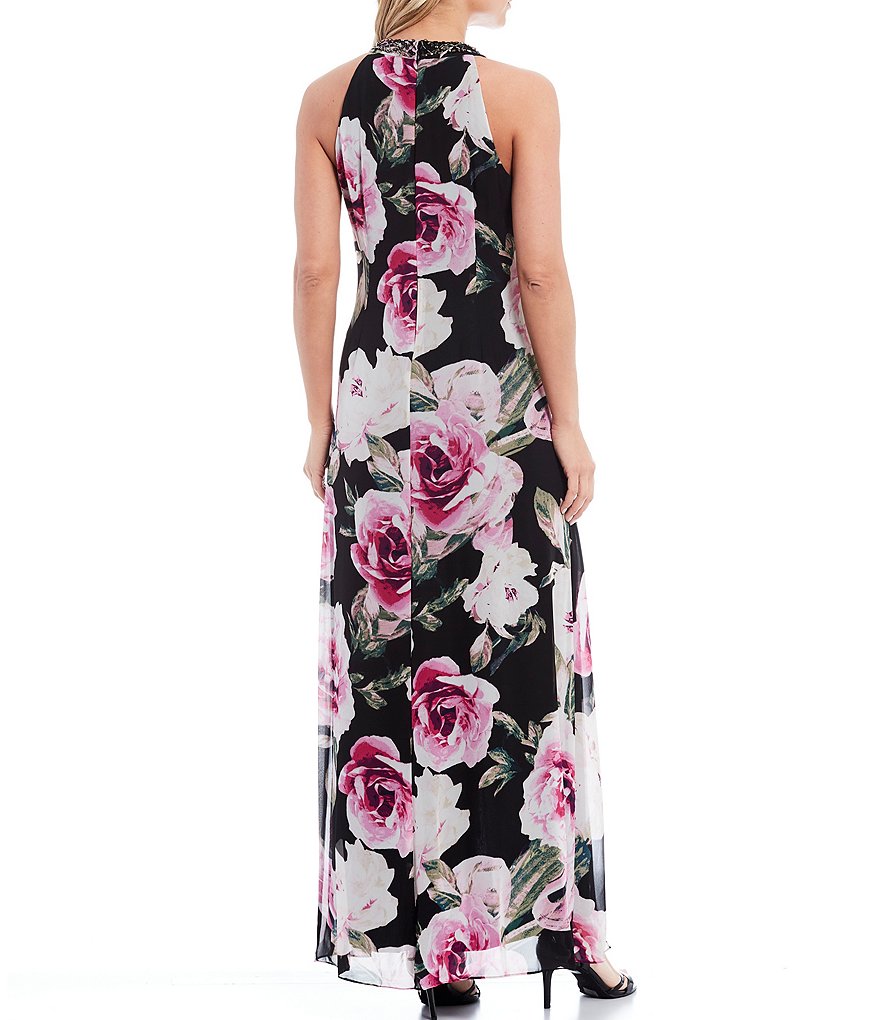 Ignite Evenings Floral Print Sleeveless Halter Neck Maxi Dress