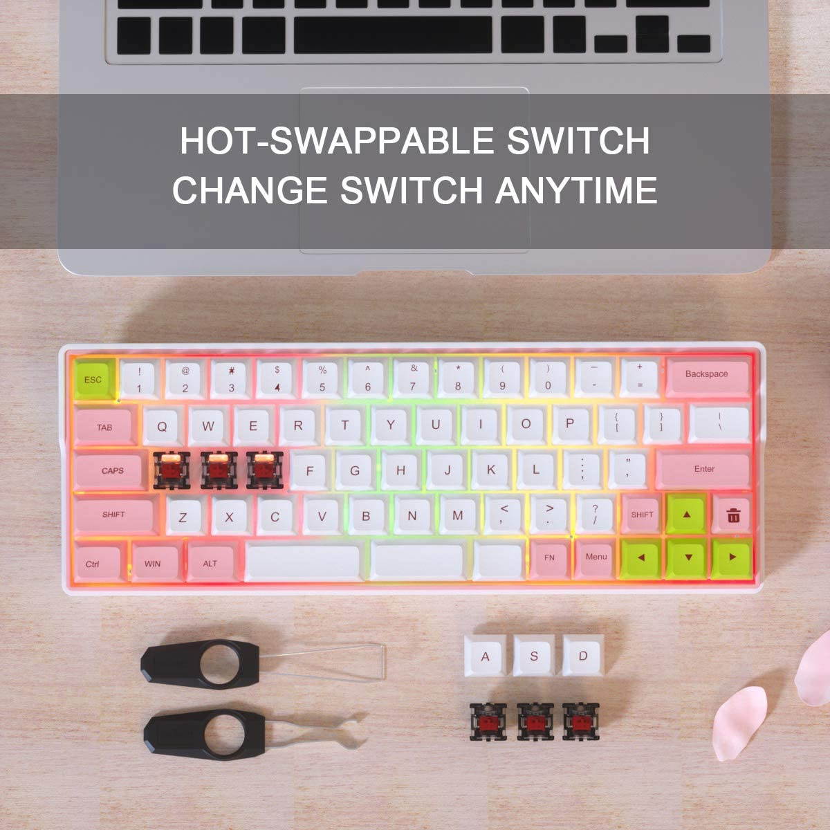 KEMOVE 64-66 Sakura Bluetooth 5.1 Hot-swappable Convertible 60% RGB Mechanical Gaming Keyboard - Wireless/Wired Mode, 100% PBT Keycaps, Full Keys Programmable for Win/Mac(Gateron Optical Red Switch)