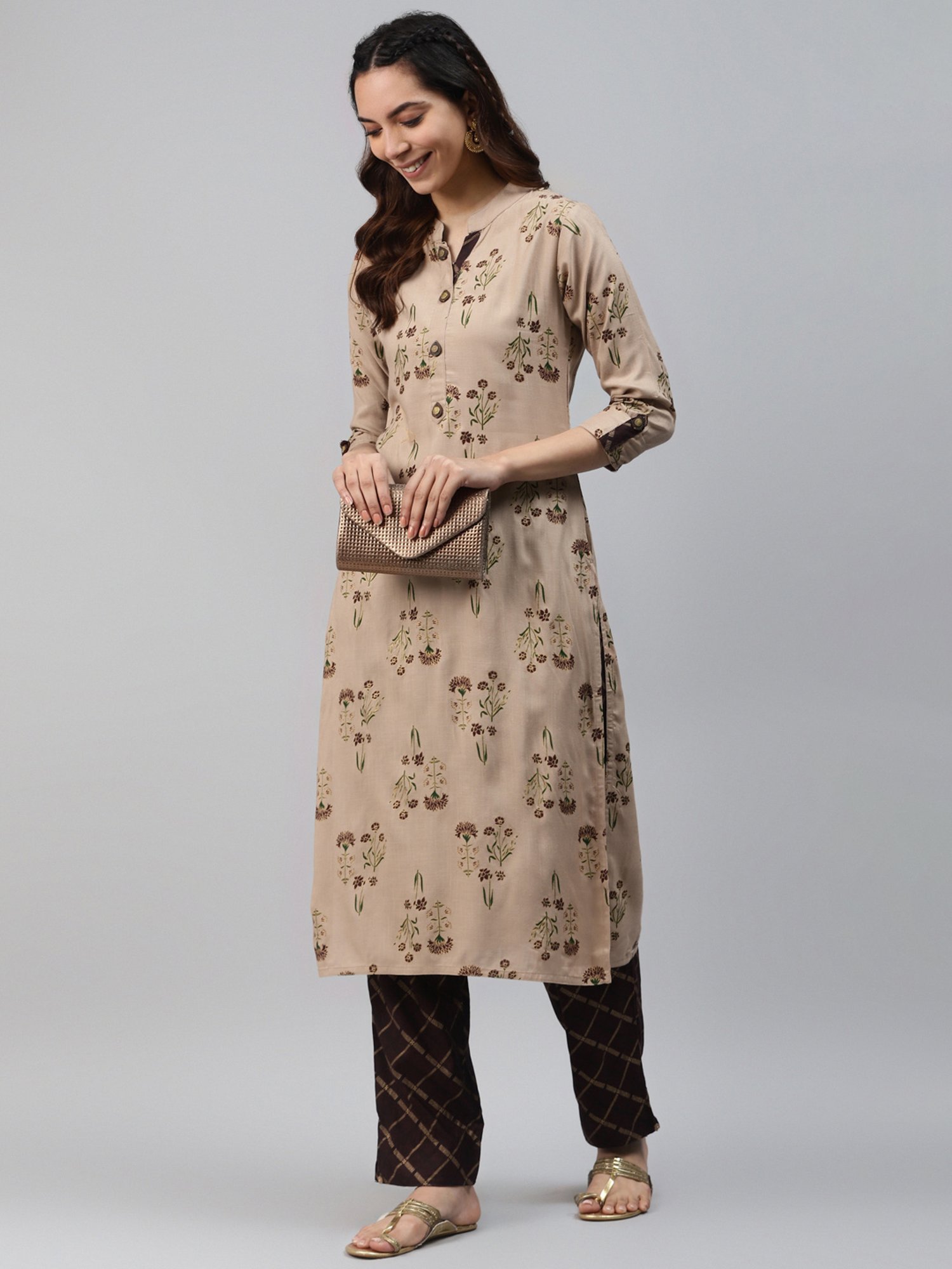 HIGHLIGHT FASHION EXPORT Beige & Brown Floral Print Kurta Pant Set