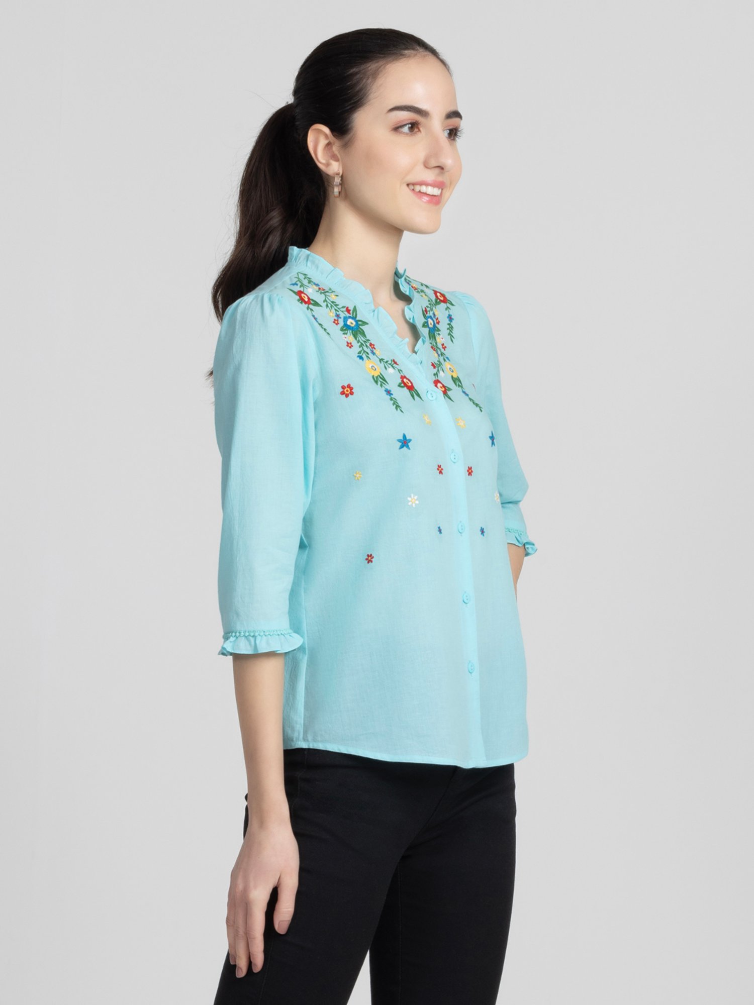 SHAYE Blue Cotton Embroidered Top