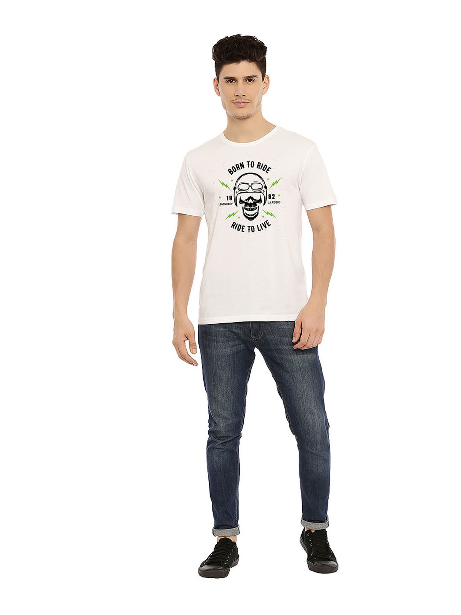 BLACK RADIO White Slim Fit Printed Cotton Crew T-Shirt