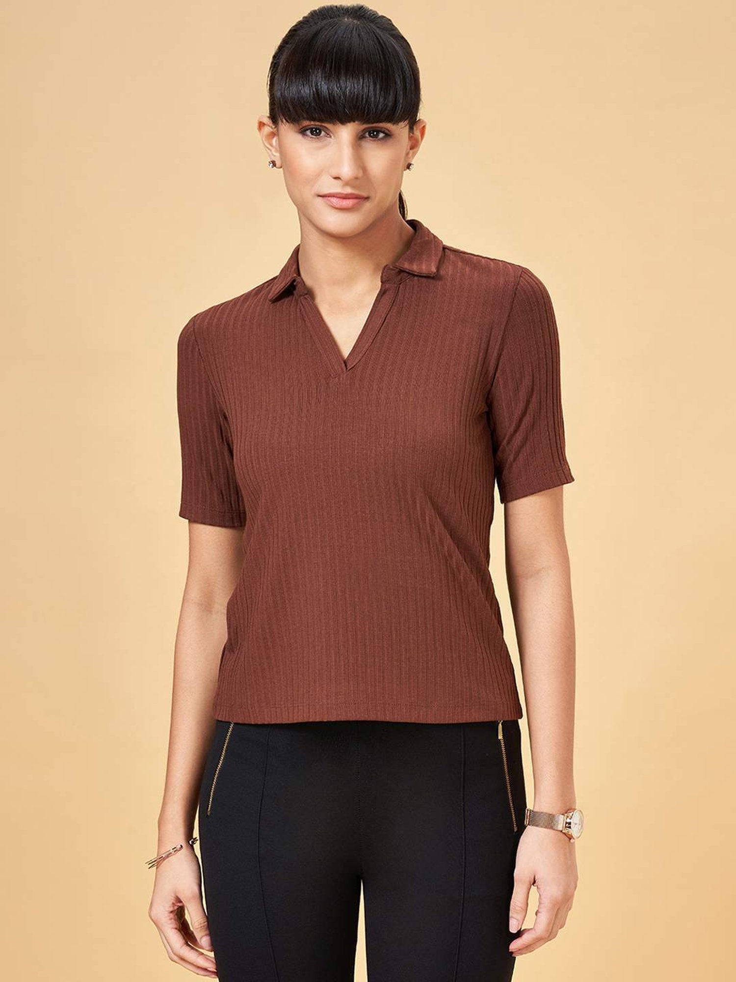 Annabelle by Pantaloons Brown Striped Top