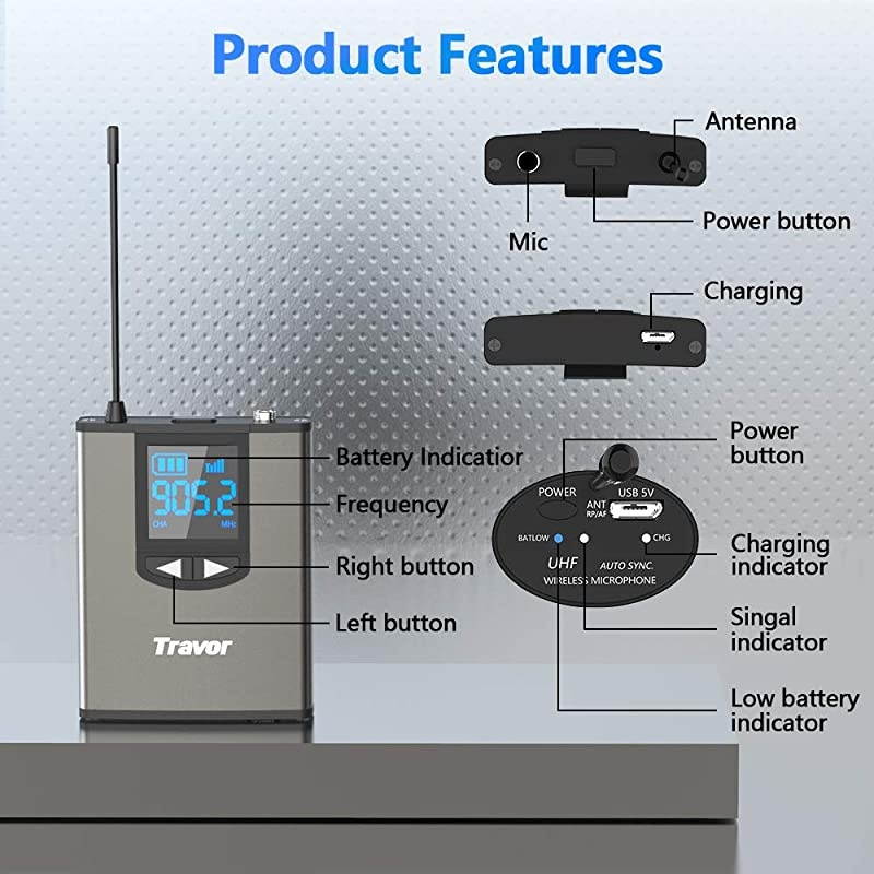 Wireless Microphone System Headset/Lavalier Lapel Mic 164ft Range with Rechargeable Bodypack Transmitter & Receiver 1/4" Output for Live Performances, Support Phone