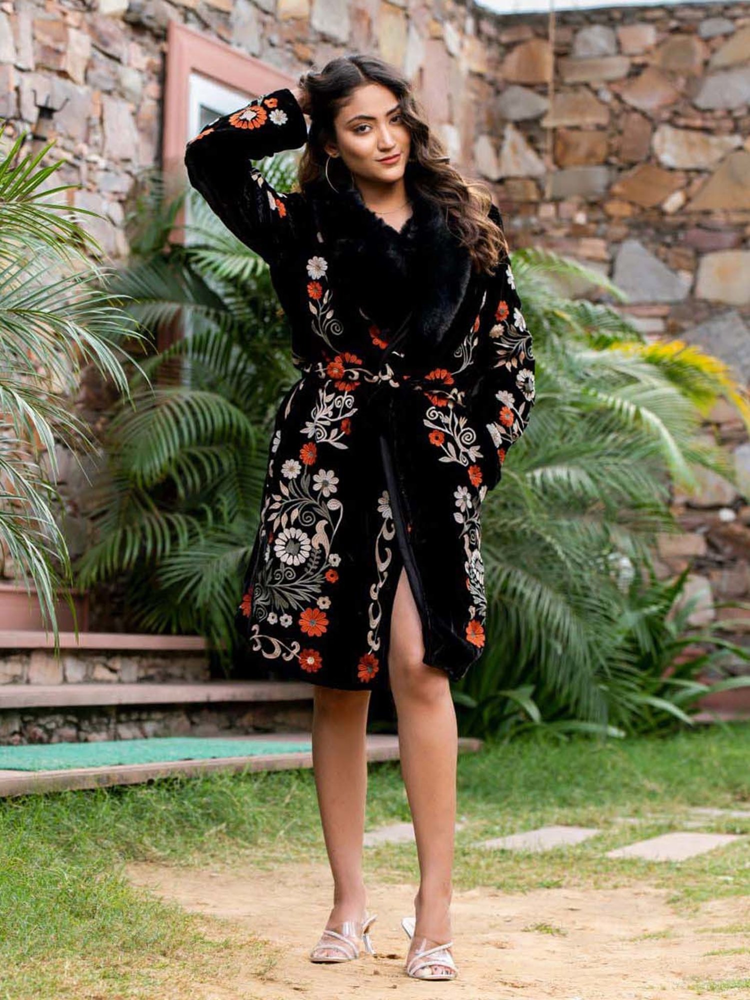 Zolo Label Black Floral Print Ethnic Jacket
