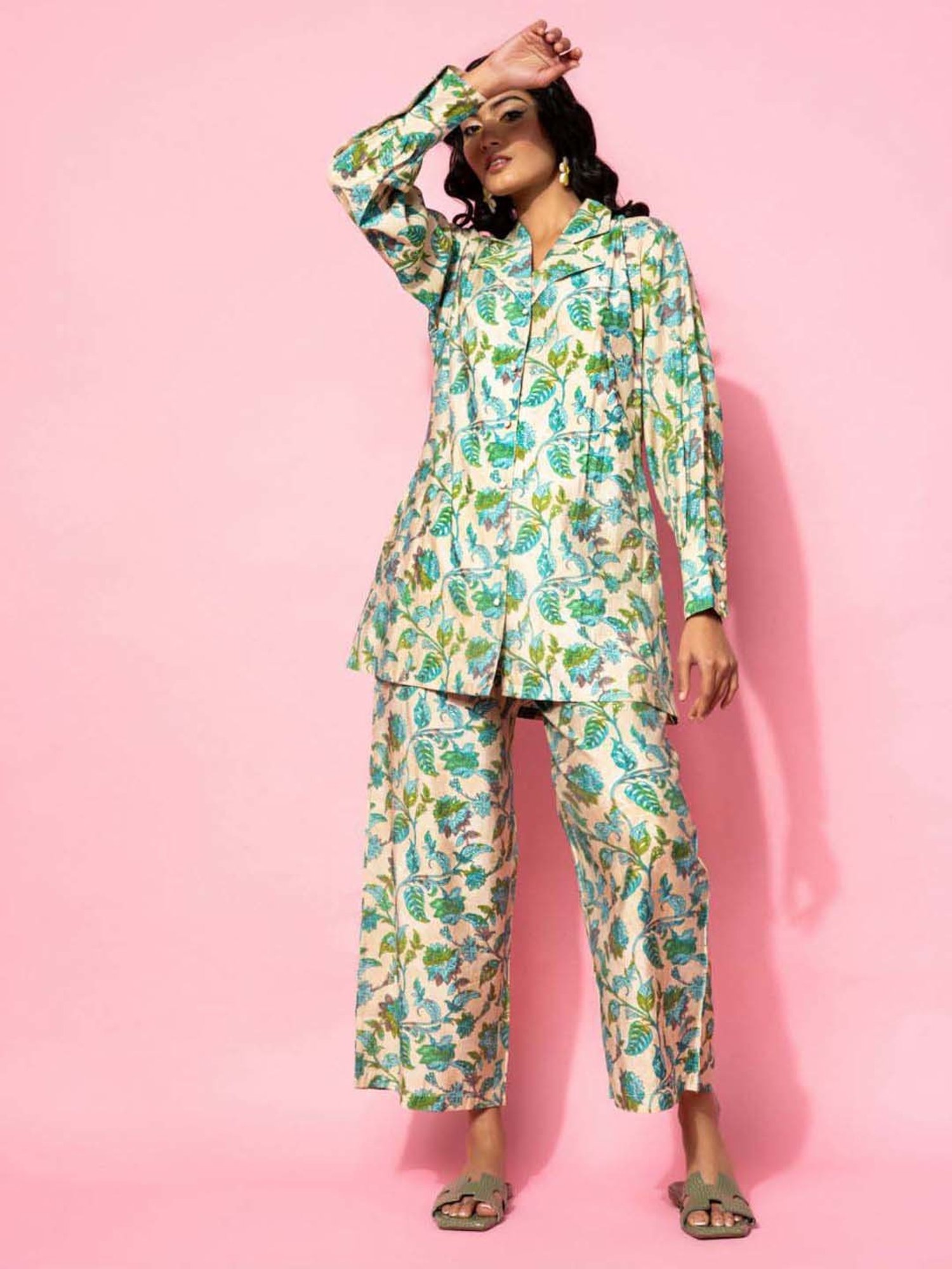 Libas Beige Printed Silk Blend Co-Ords