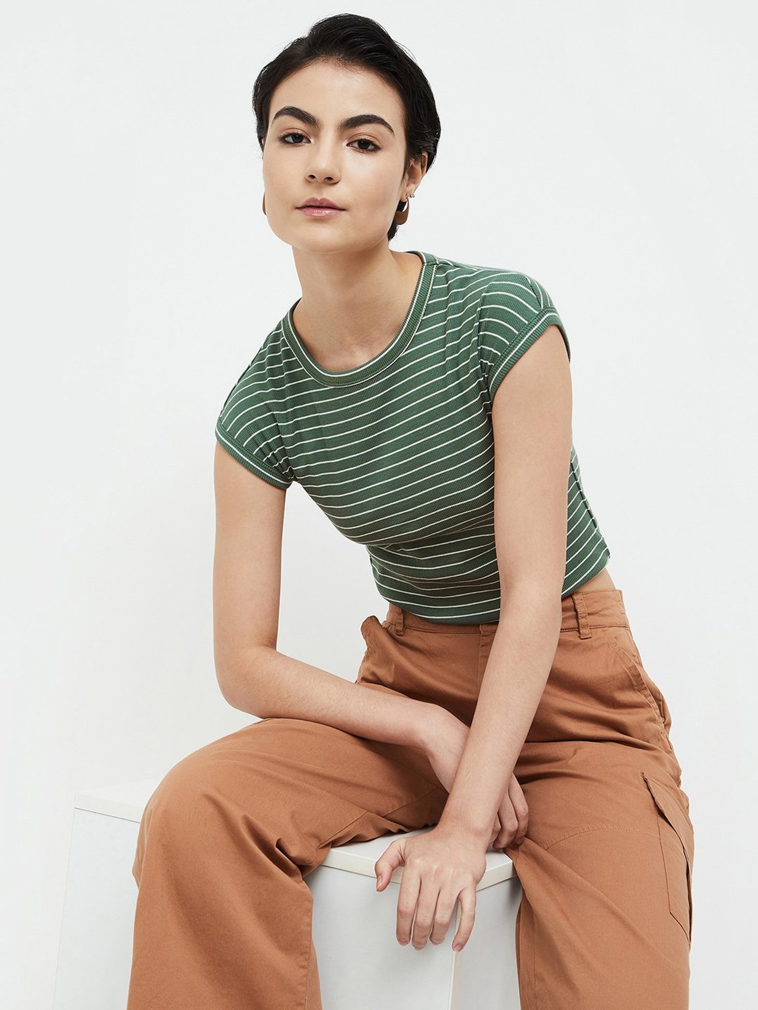 Ginger by Lifestyle Sage Green Cotton Striped T-Shirt