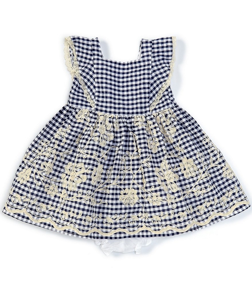 Laura Ashley Baby Girls Newborn-24 Months Flutter-Sleeve Checked Border-Embroidered Fit-And-Flare Dress