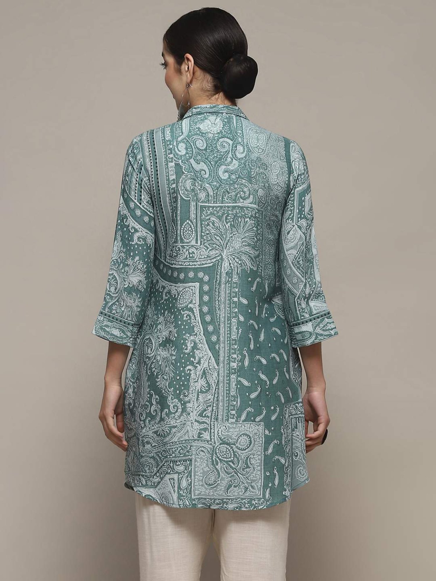 Biba Green Printed A Line Short Kurti
