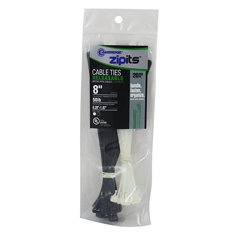 ZipIts Releasable Cable Ties 8 Inch 50 Lb Zip Ties 20 Pieces Assortment 10 Pieces Natural 10 Pieces UV Black UL Listed Contractor Quality Industrial Strength