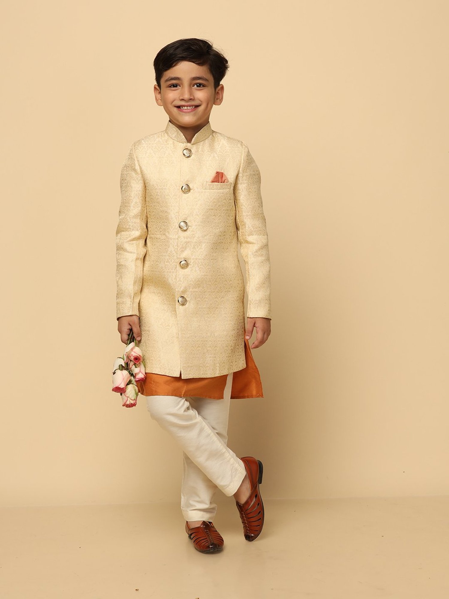 KISAH Boys Beige Embroidered Full Sleeves Sherwani
