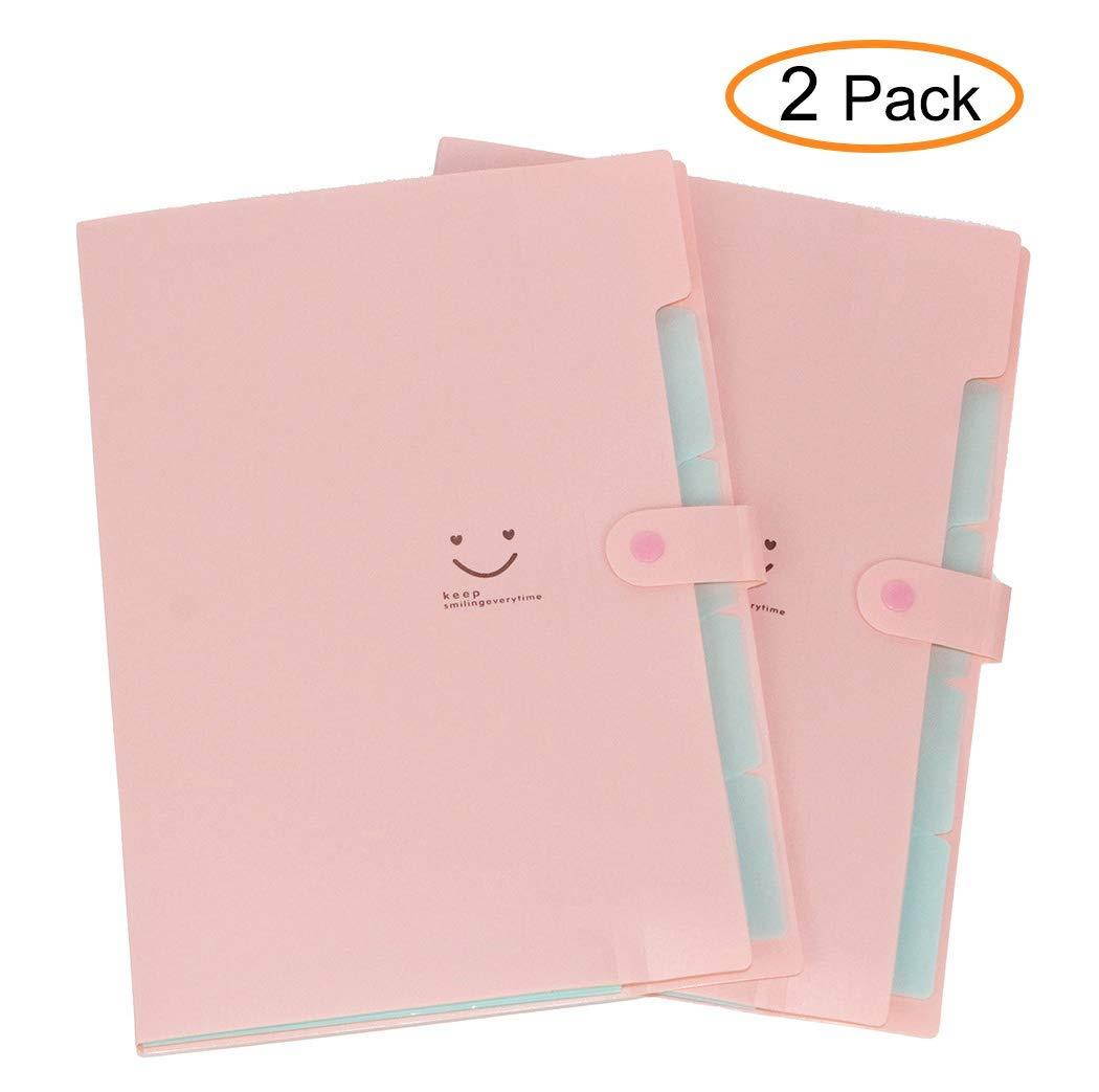 Placstic Expanding File Folders Accordion Document Organizer 5-Pocket A4 Letter Size with Snap Closure for School and Office,2-Pack,Pink