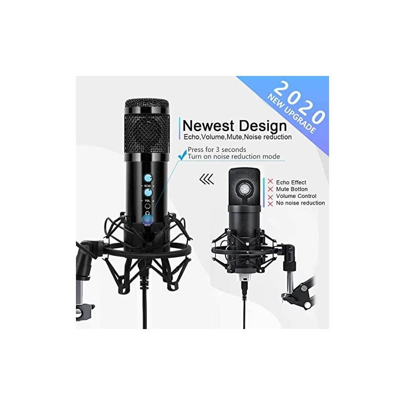 Condenser Microphone for Computer, Professional PC Microphone Kit with Noise Cancelling, Mute Button, Adjustable Metal Arm Stand, Great for Gaming, Podcast, LiveStreaming, Recording, Black