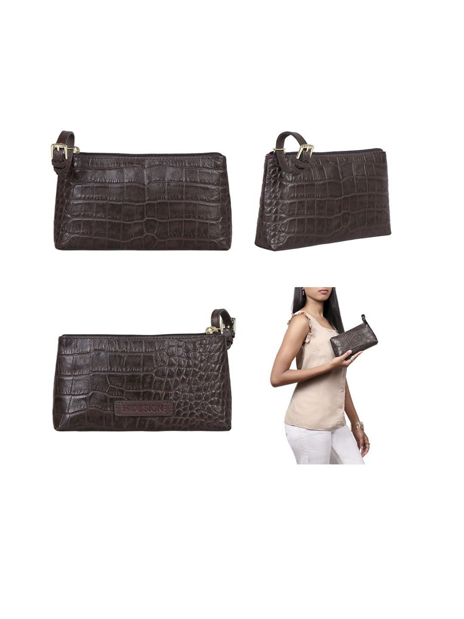 Hidesign Freedom Brown Textured Medium Tote Handbag With Pouch