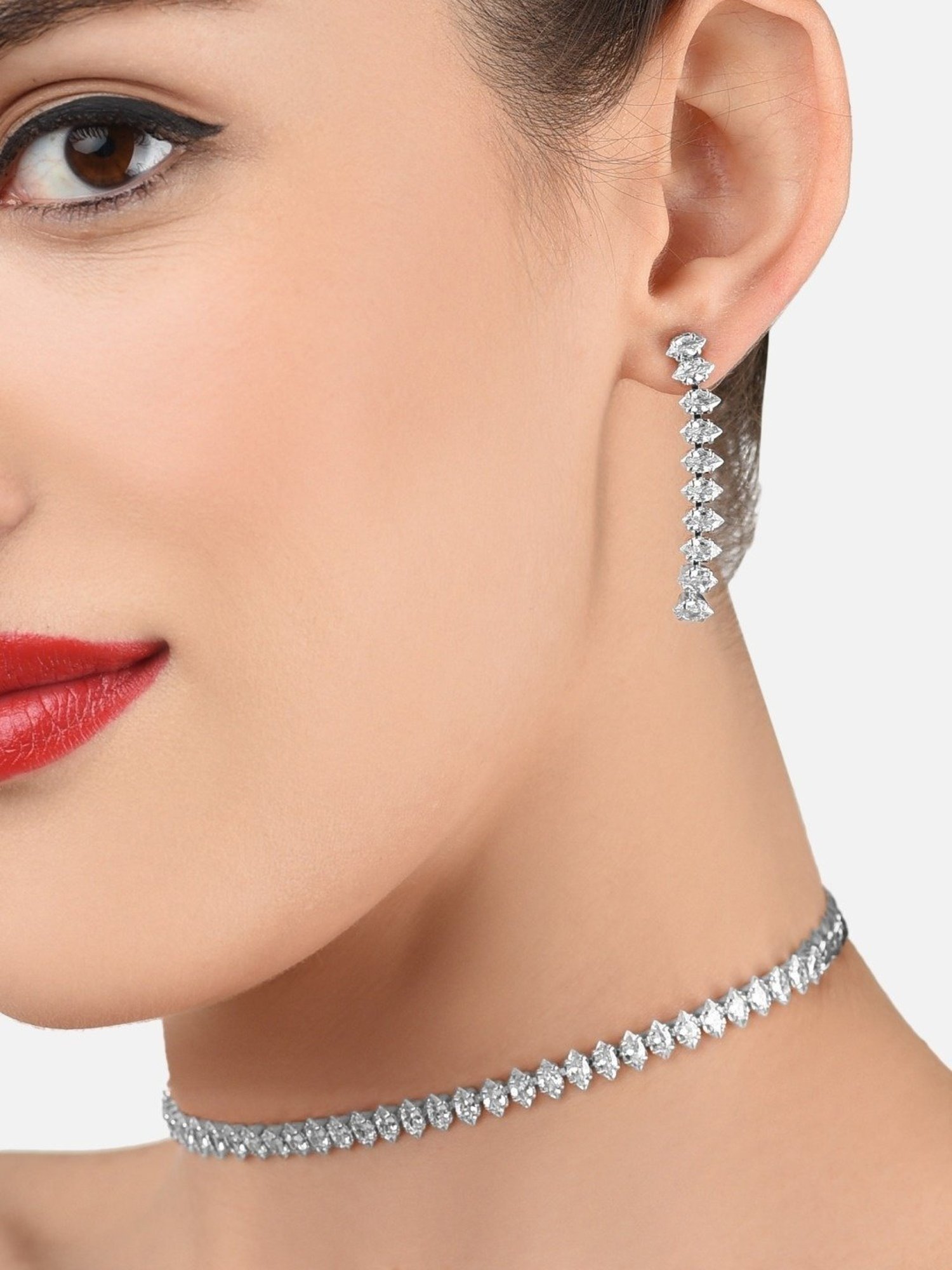 Zaveri Pearls Silver Tone Marquise Shaped Cubic Zirconia Necklace, Earring & Bracelet Set