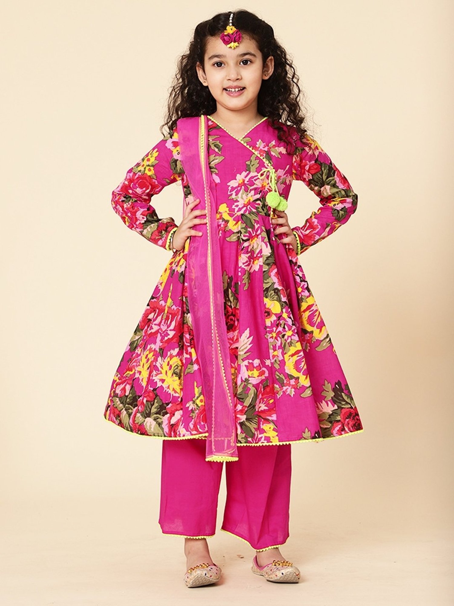 A.T.U.N. Kids Pink Cotton Floral Print Full Sleeves Anarkali Set