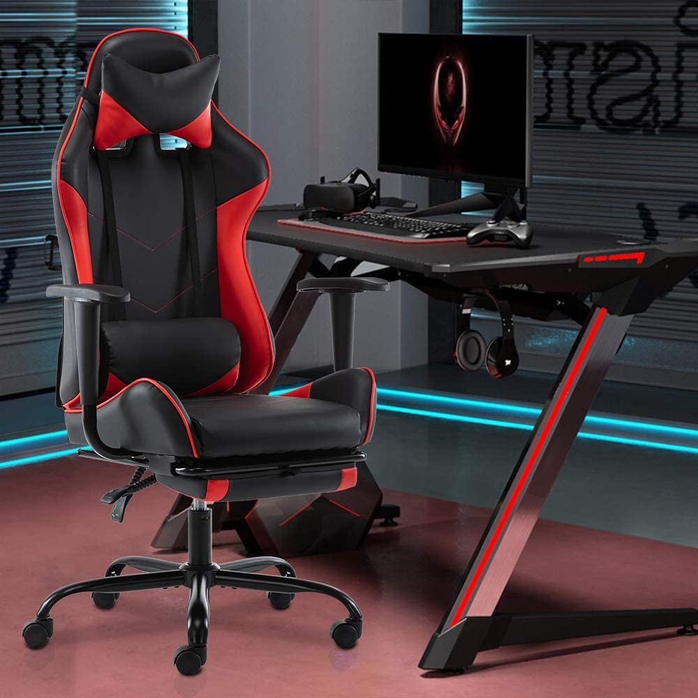 SMUGDESK Gaming Chair with Footrest Racing Style Recliner with Lumbar Support, Ergonomic Office Armchair for Computer PU Leather High Back Desk Chair Headrest Swivel Rocking Desk Chair, Blue