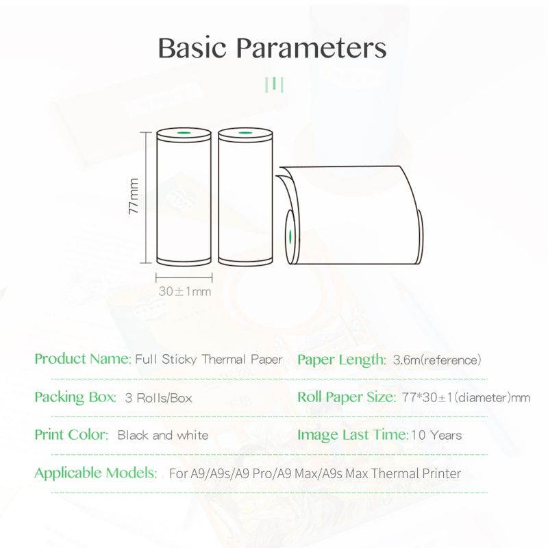PeriPage 77 x 30mm Self-Adhesive Thermal Paper Sticker BPA-Free Printable Sticky Paper Roll Waterproof Oil-proof Friction-proof for PeriPage A9/A9s/A9 Pro/A9 Max/A9s Max Mini Pocket Mobile Printer, 3