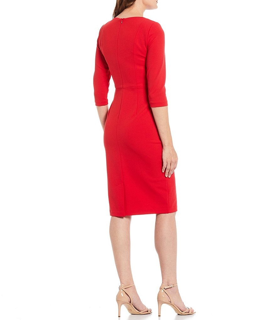 Adrianna Papell Stretch Crepe Knit Tie Waist 3/4 Sleeve Midi Sheath Dress