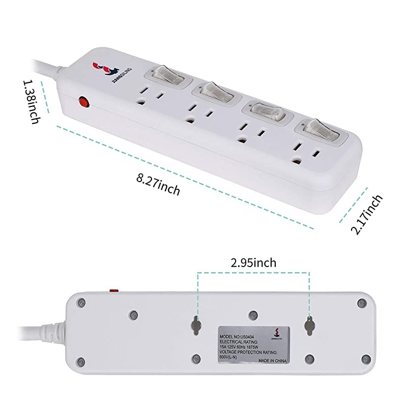 Protector Power Strip 6 ft Long Extension Cord 4 Independent switches 125V15A Hanging Hole SGS CertificationWhite